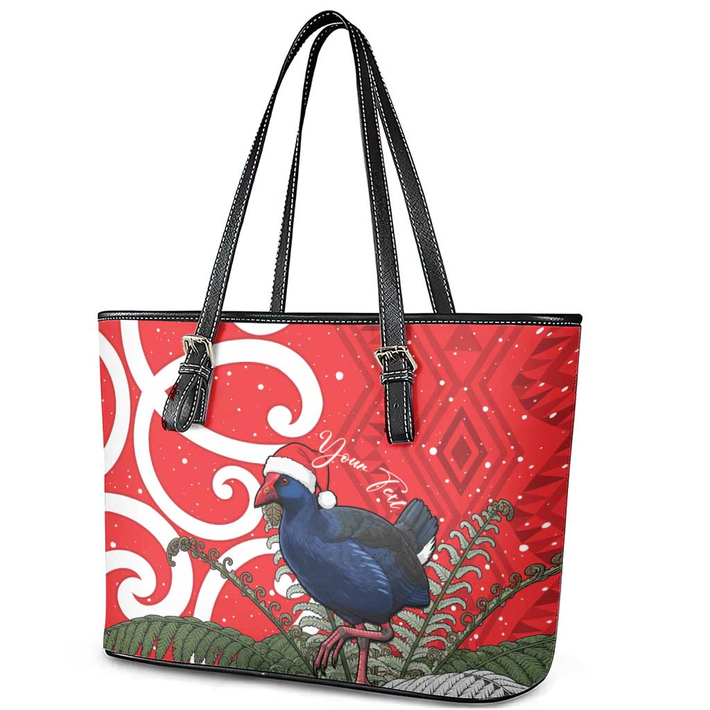 Personalized New Zealand Pukeko Christmas Leather Tote Bag Meri Kirihimete Taniko Ponga Koru Red - Aussie Hoodie