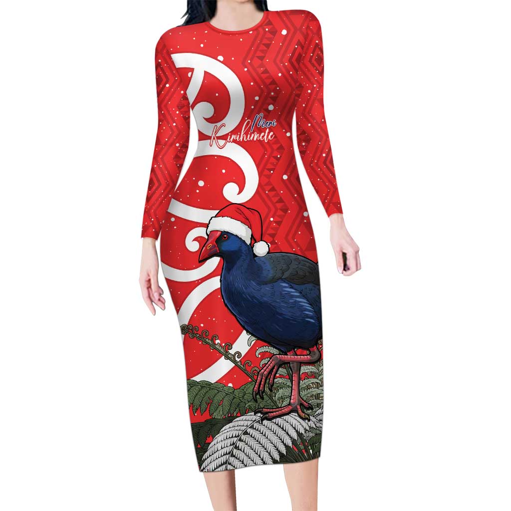 Personalized New Zealand Pukeko Christmas Long Sleeve Bodycon Dress Meri Kirihimete Taniko Ponga Koru Red - Aussie Hoodie