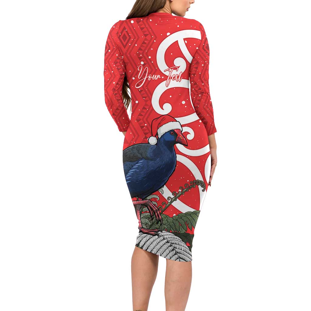 Personalized New Zealand Pukeko Christmas Long Sleeve Bodycon Dress Meri Kirihimete Taniko Ponga Koru Red - Aussie Hoodie
