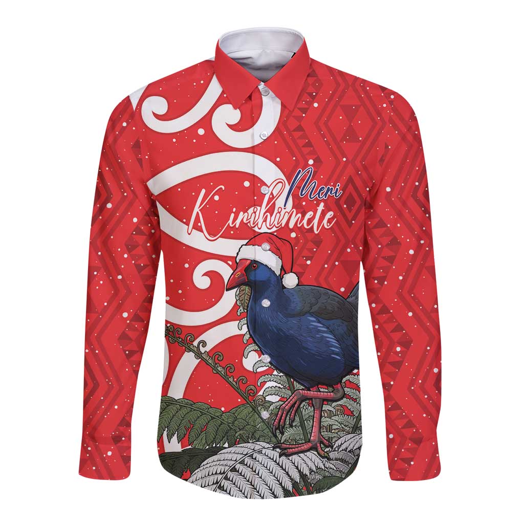 Personalized New Zealand Pukeko Christmas Long Sleeve Button Shirt Meri Kirihimete Taniko Ponga Koru Red - Aussie Hoodie