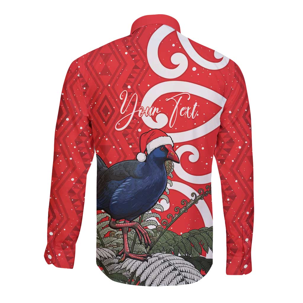 Personalized New Zealand Pukeko Christmas Long Sleeve Button Shirt Meri Kirihimete Taniko Ponga Koru Red - Aussie Hoodie