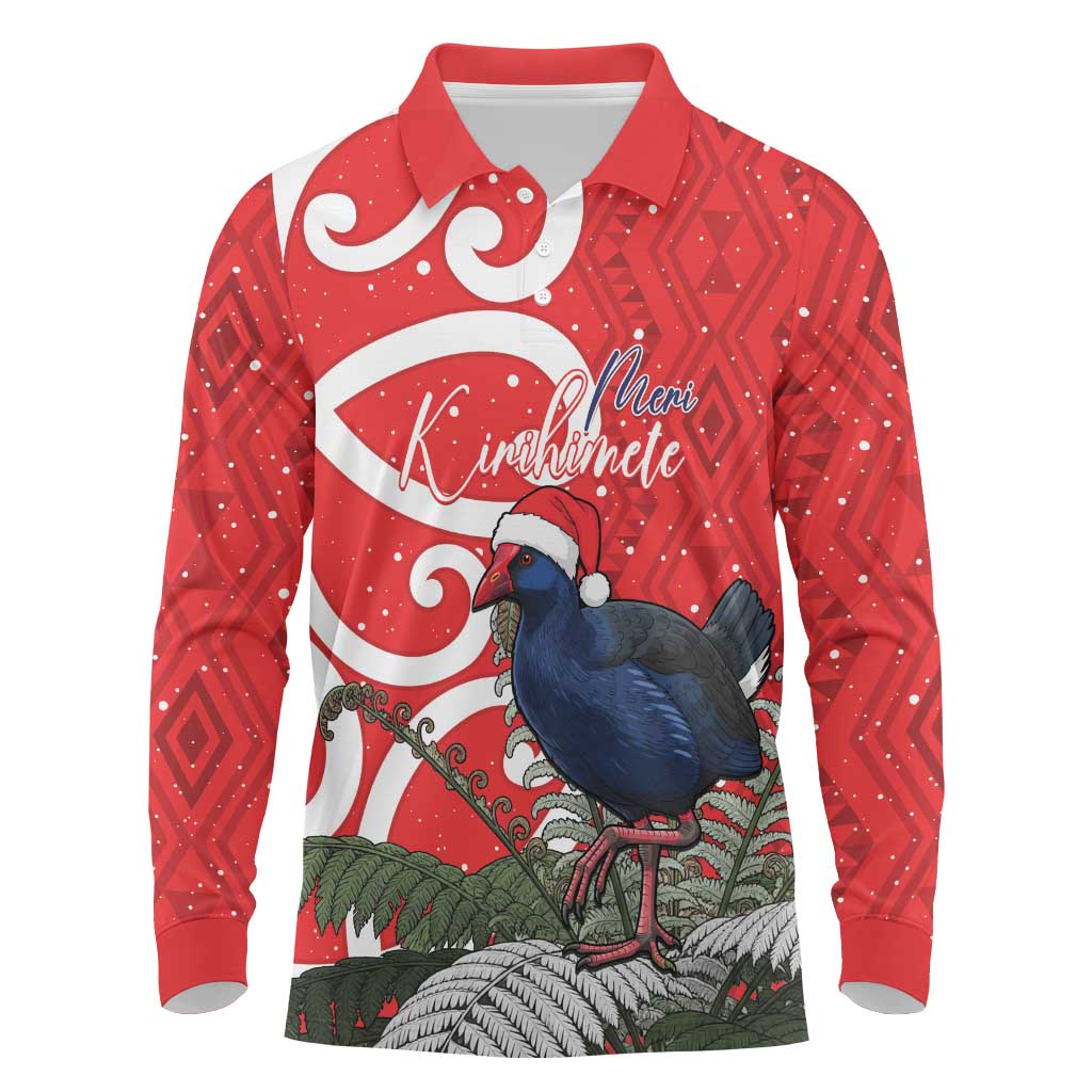 Personalized New Zealand Pukeko Christmas Long Sleeve Polo Shirt Meri Kirihimete Taniko Ponga Koru Red - Aussie Hoodie