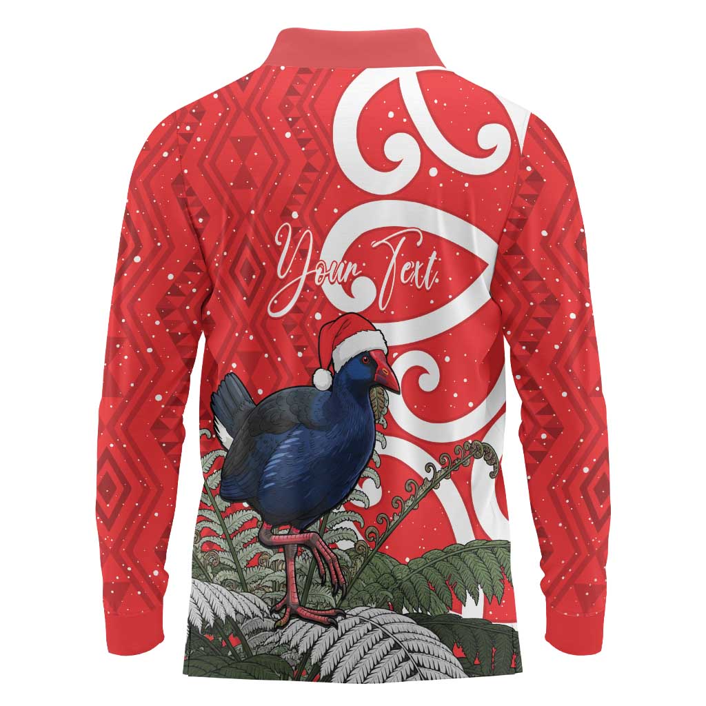 Personalized New Zealand Pukeko Christmas Long Sleeve Polo Shirt Meri Kirihimete Taniko Ponga Koru Red - Aussie Hoodie