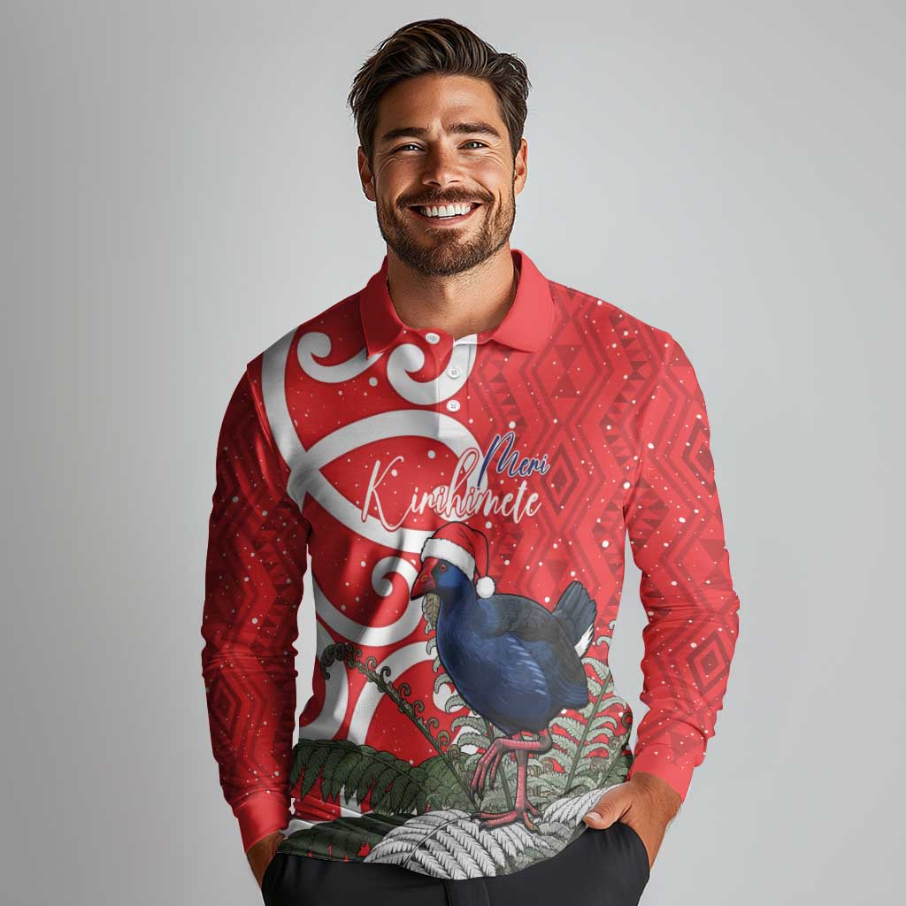 Personalized New Zealand Pukeko Christmas Long Sleeve Polo Shirt Meri Kirihimete Taniko Ponga Koru Red - Aussie Hoodie