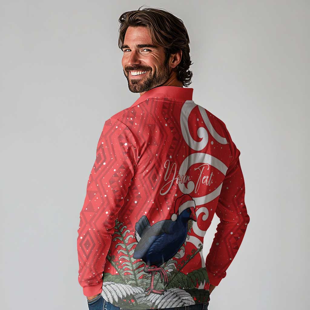 Personalized New Zealand Pukeko Christmas Long Sleeve Polo Shirt Meri Kirihimete Taniko Ponga Koru Red - Aussie Hoodie