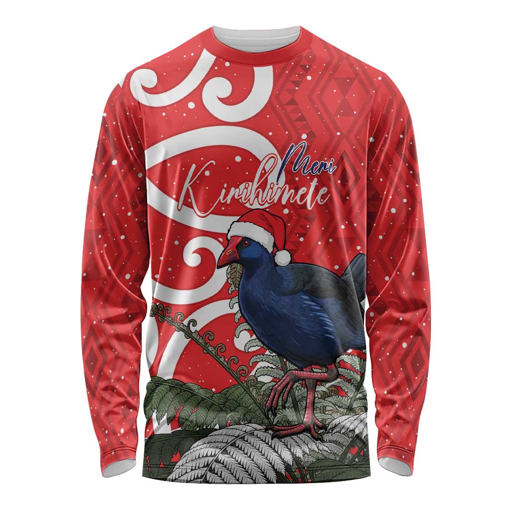 Personalized New Zealand Pukeko Christmas Long Sleeve Shirt Meri Kirihimete Taniko Ponga Koru Red - Aussie Hoodie