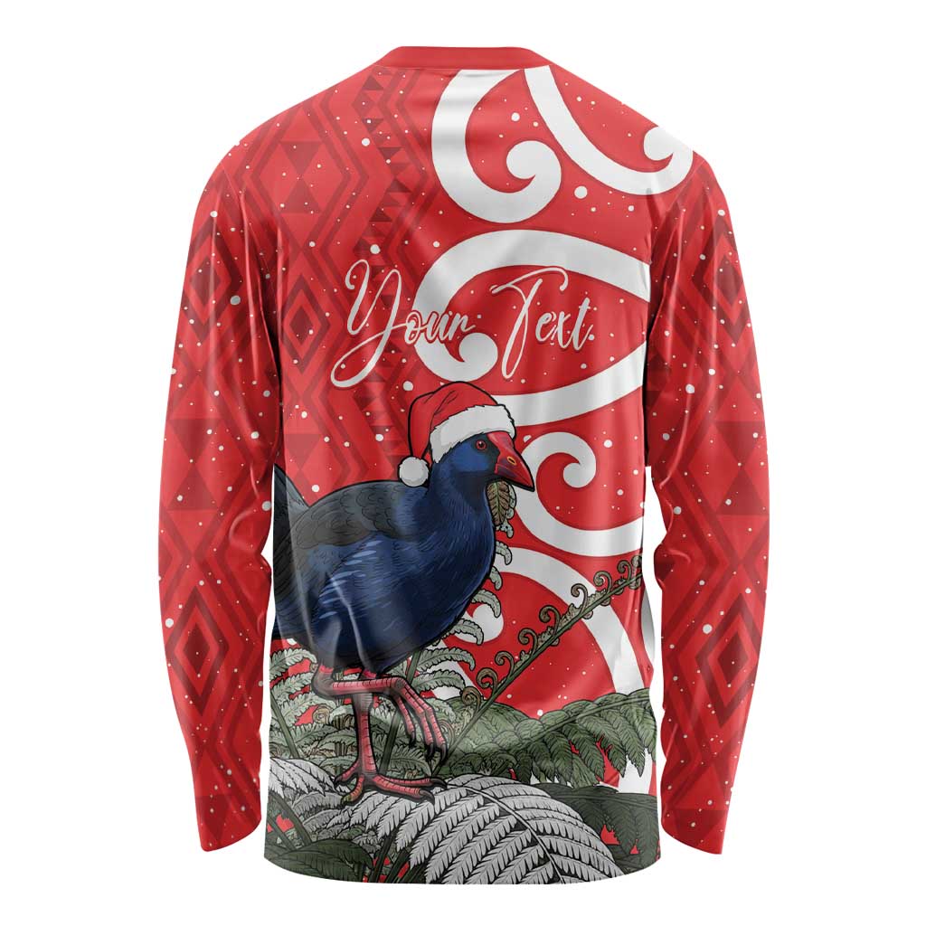 Personalized New Zealand Pukeko Christmas Long Sleeve Shirt Meri Kirihimete Taniko Ponga Koru Red - Aussie Hoodie