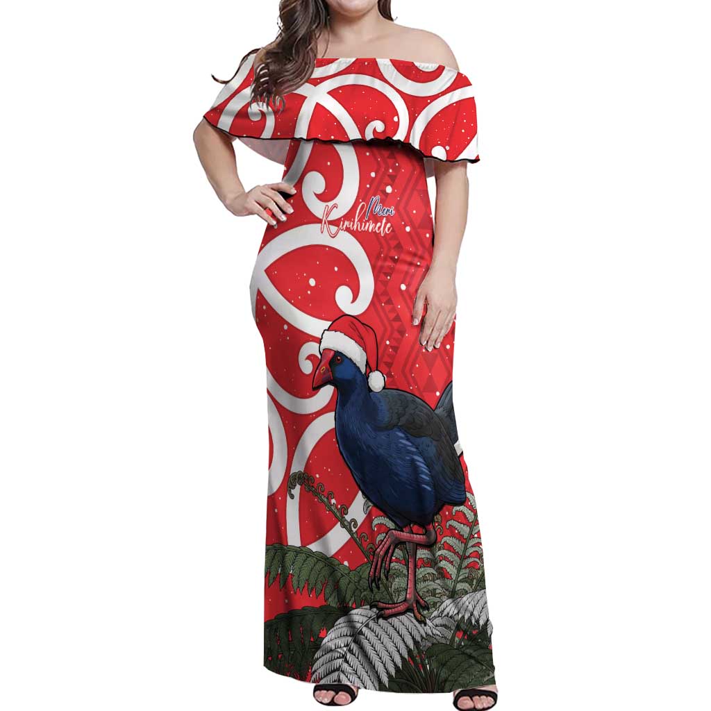 Personalized New Zealand Pukeko Christmas Off Shoulder Maxi Dress Meri Kirihimete Taniko Ponga Koru Red - Aussie Hoodie