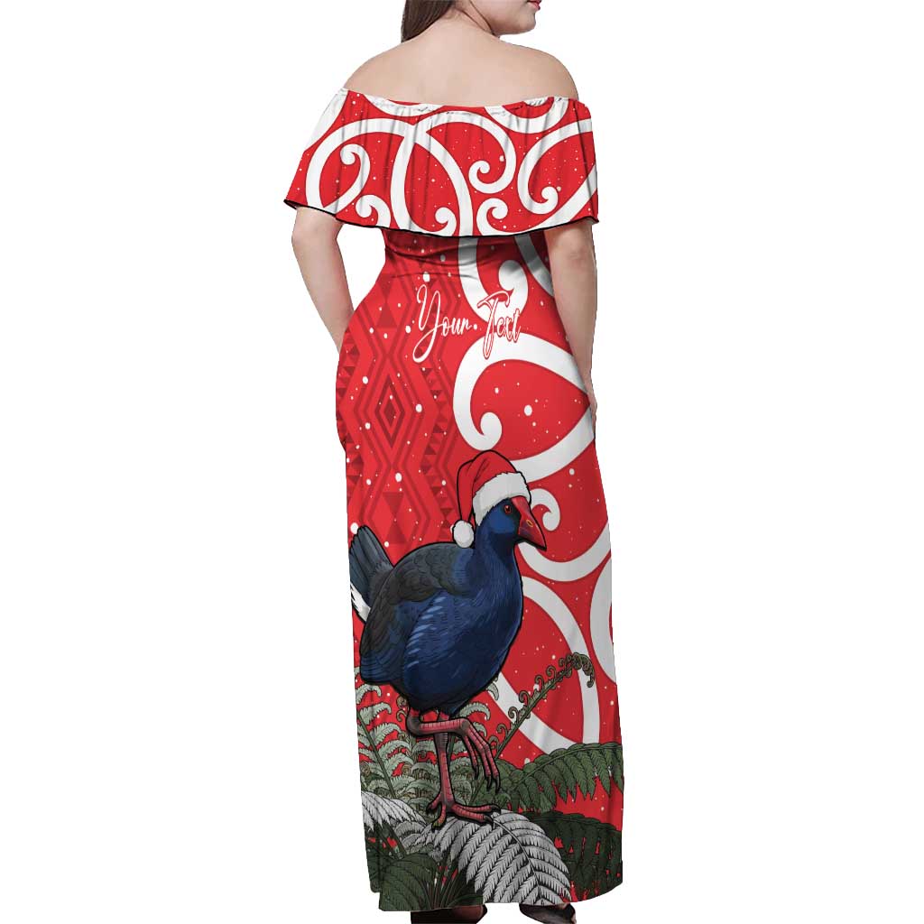 Personalized New Zealand Pukeko Christmas Off Shoulder Maxi Dress Meri Kirihimete Taniko Ponga Koru Red - Aussie Hoodie