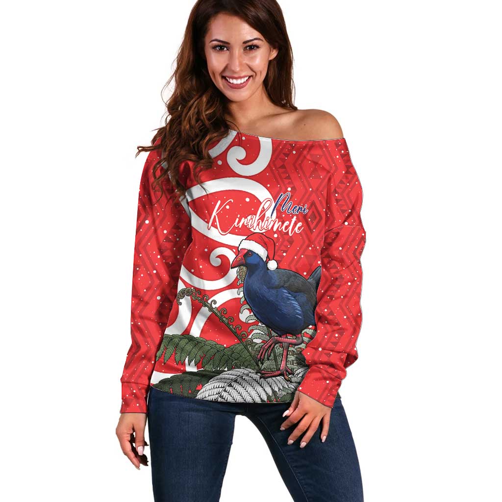 Personalized New Zealand Pukeko Christmas Off Shoulder Sweater Meri Kirihimete Taniko Ponga Koru Red - Aussie Hoodie