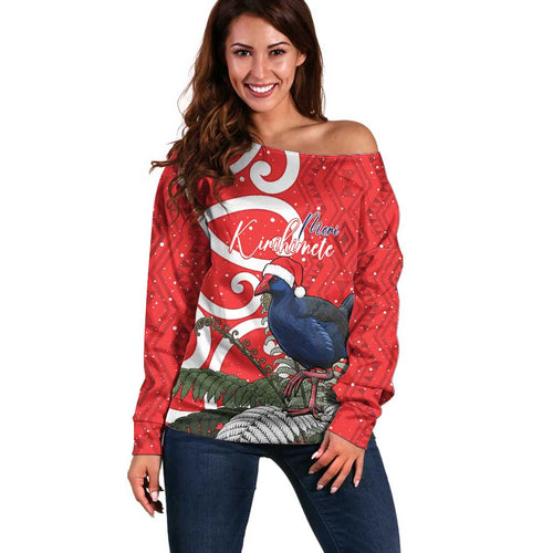Personalized New Zealand Pukeko Christmas Off Shoulder Sweater Meri Kirihimete Taniko Ponga Koru Red - Aussie Hoodie