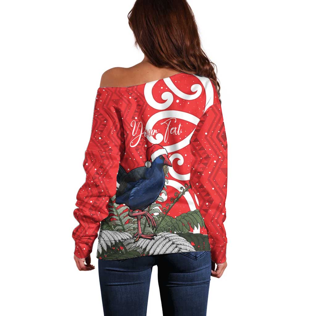 Personalized New Zealand Pukeko Christmas Off Shoulder Sweater Meri Kirihimete Taniko Ponga Koru Red - Aussie Hoodie