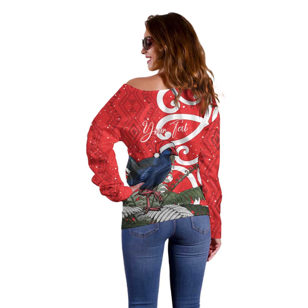 Personalized New Zealand Pukeko Christmas Off Shoulder Sweater Meri Kirihimete Taniko Ponga Koru Red - Aussie Hoodie