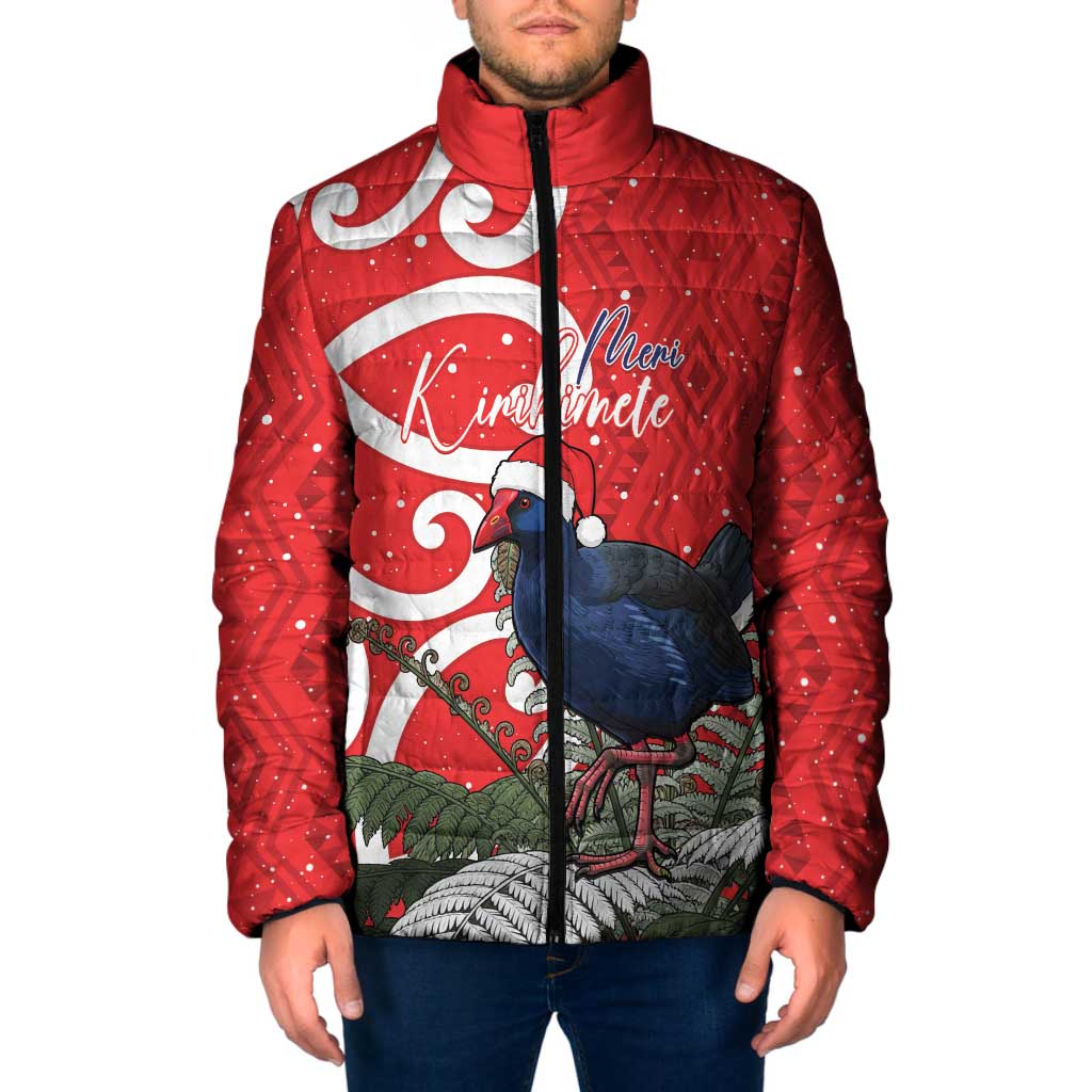 Personalized New Zealand Pukeko Christmas Padded Jacket Meri Kirihimete Taniko Ponga Koru Red - Aussie Hoodie