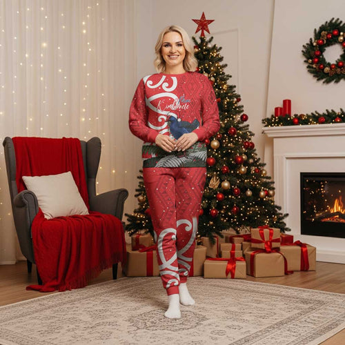 Personalized New Zealand Pukeko Christmas Pajama Set Meri Kirihimete Taniko Ponga Koru Red - Aussie Hoodie