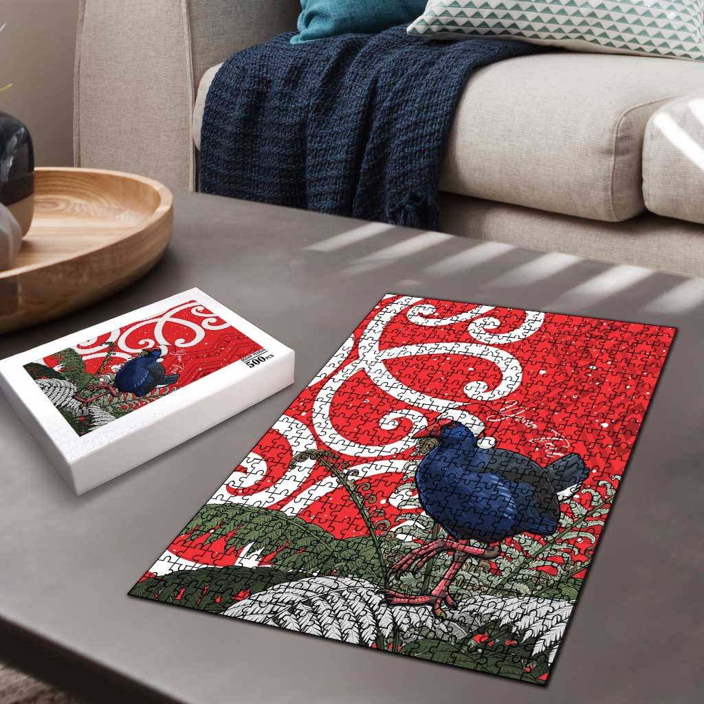 Personalized New Zealand Pukeko Christmas Puzzle Meri Kirihimete Taniko Ponga Koru Red - Aussie Hoodie