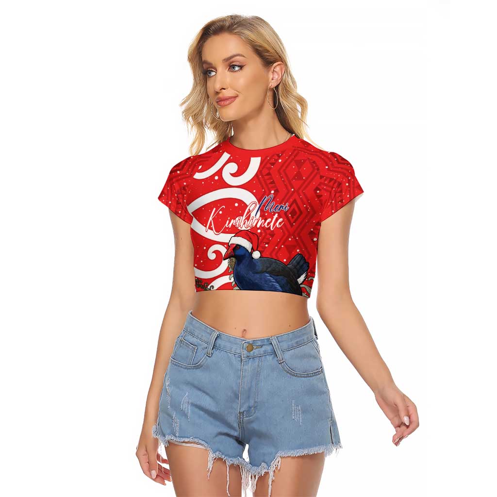 Personalized New Zealand Pukeko Christmas Raglan Cropped T Shirt Meri Kirihimete Taniko Ponga Koru Red - Aussie Hoodie