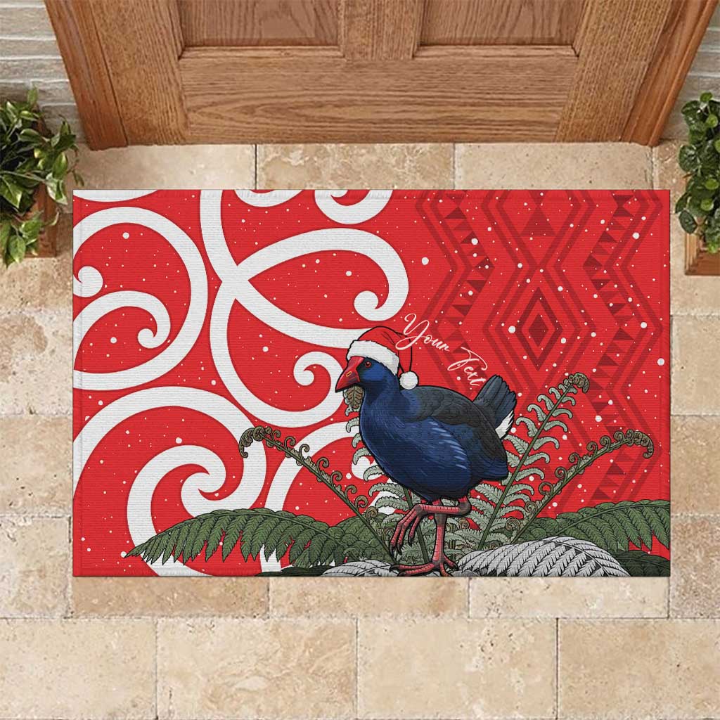 Personalized New Zealand Pukeko Christmas Rubber Doormat Meri Kirihimete Taniko Ponga Koru Red - Aussie Hoodie