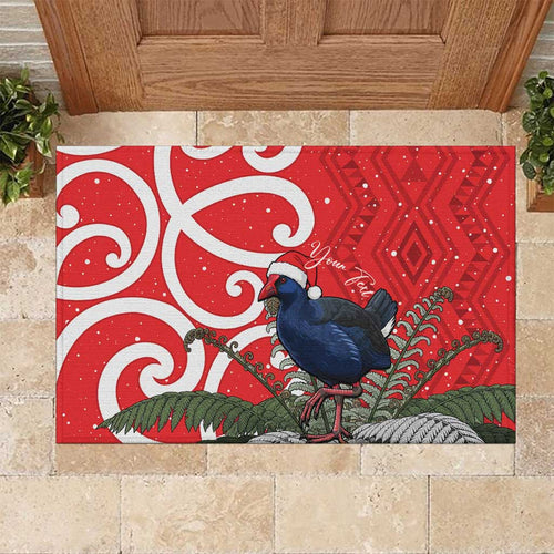 Personalized New Zealand Pukeko Christmas Rubber Doormat Meri Kirihimete Taniko Ponga Koru Red - Aussie Hoodie