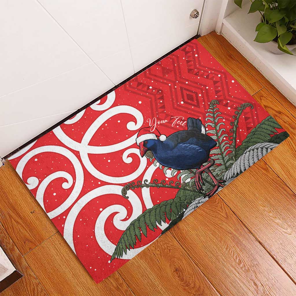 Personalized New Zealand Pukeko Christmas Rubber Doormat Meri Kirihimete Taniko Ponga Koru Red - Aussie Hoodie