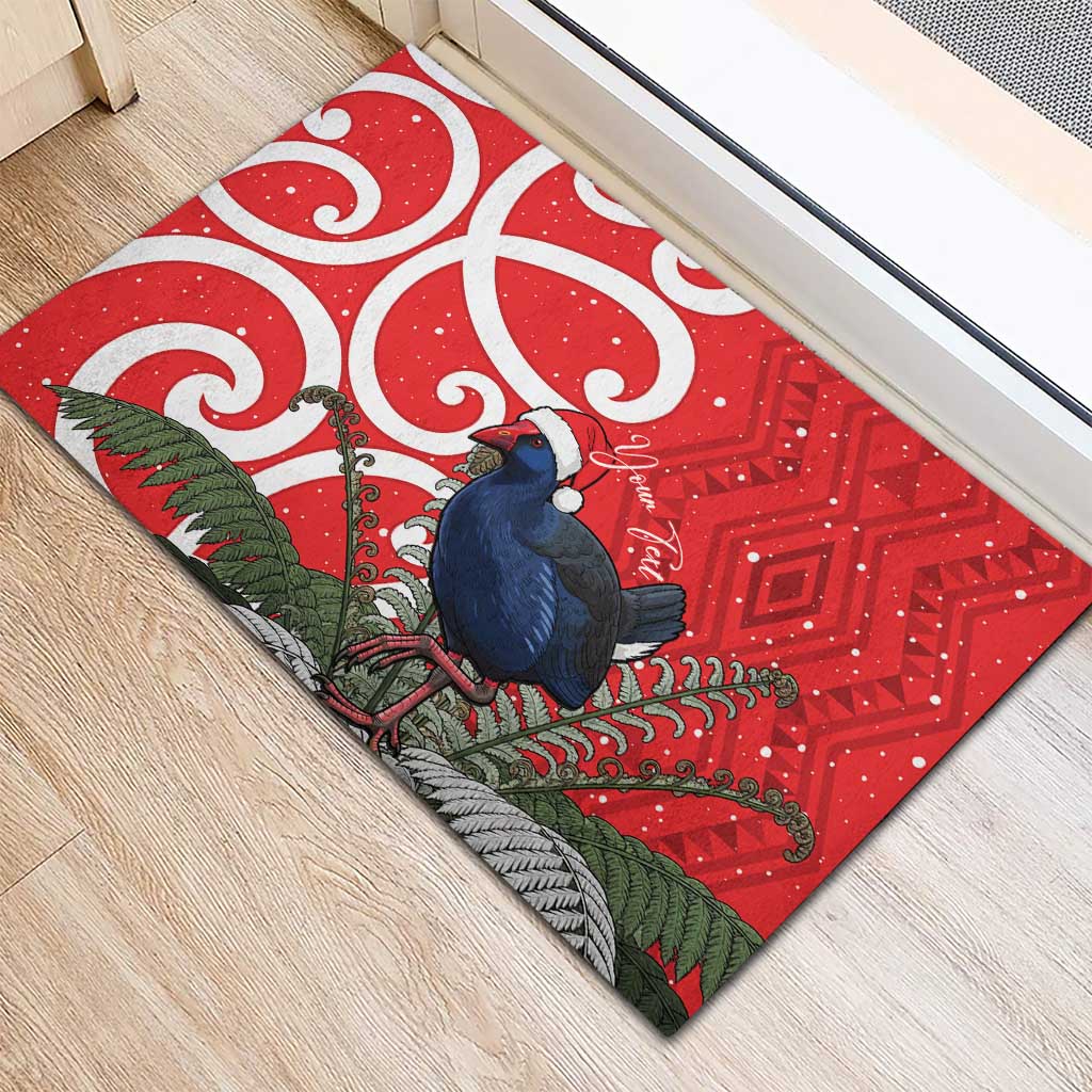 Personalized New Zealand Pukeko Christmas Rubber Doormat Meri Kirihimete Taniko Ponga Koru Red - Aussie Hoodie