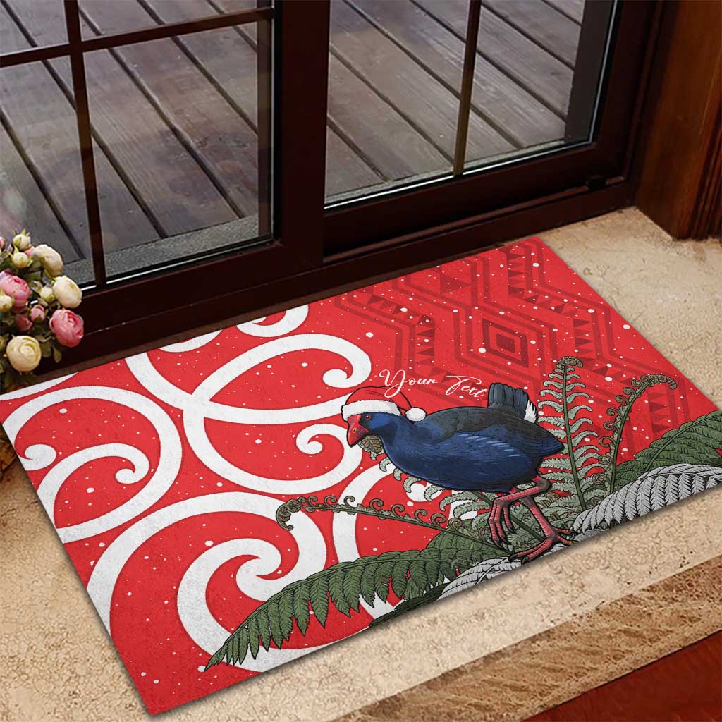 Personalized New Zealand Pukeko Christmas Rubber Doormat Meri Kirihimete Taniko Ponga Koru Red - Aussie Hoodie