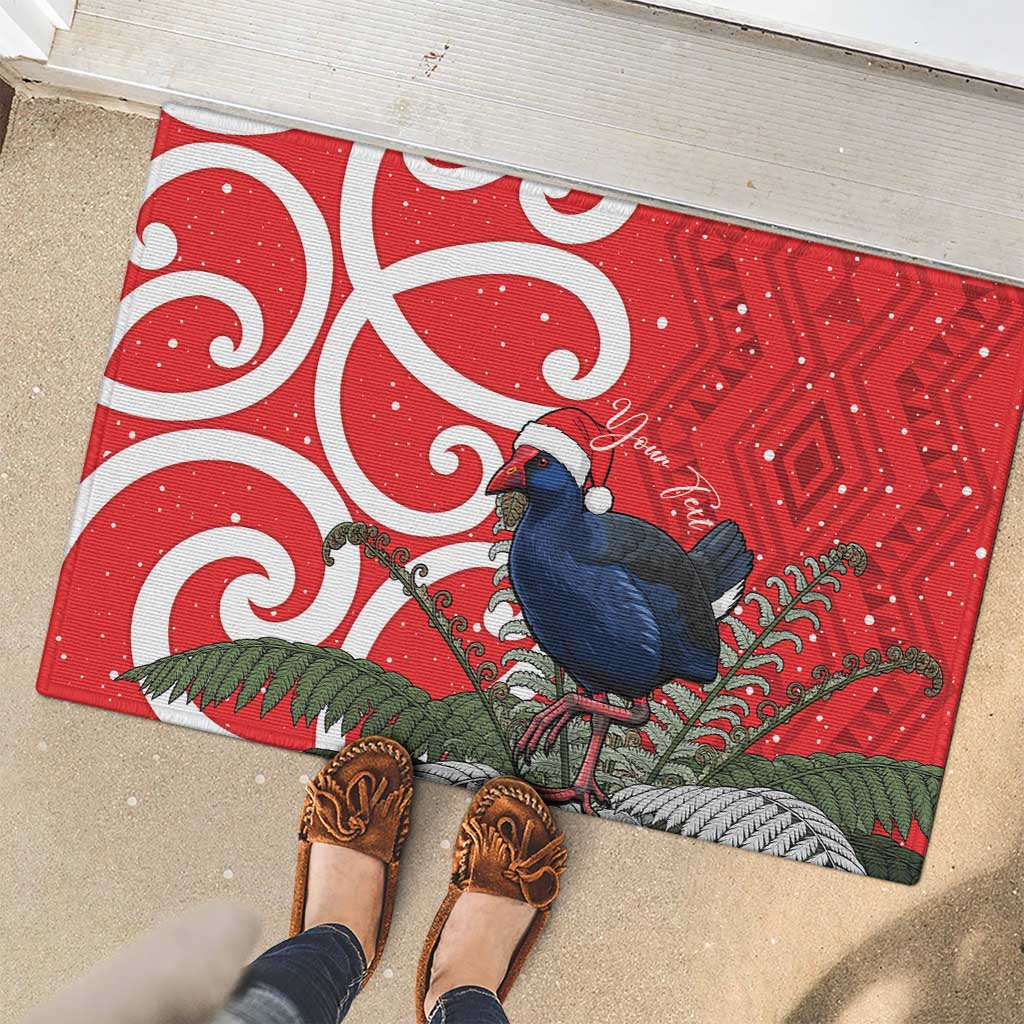 Personalized New Zealand Pukeko Christmas Rubber Doormat Meri Kirihimete Taniko Ponga Koru Red - Aussie Hoodie