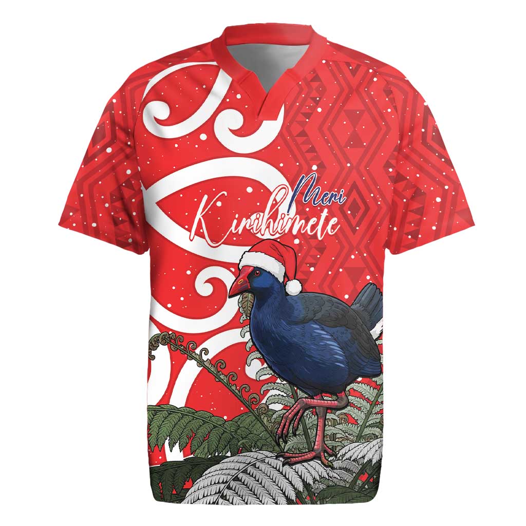 Personalized New Zealand Pukeko Christmas Rugby Jersey Meri Kirihimete Taniko Ponga Koru Red - Aussie Hoodie