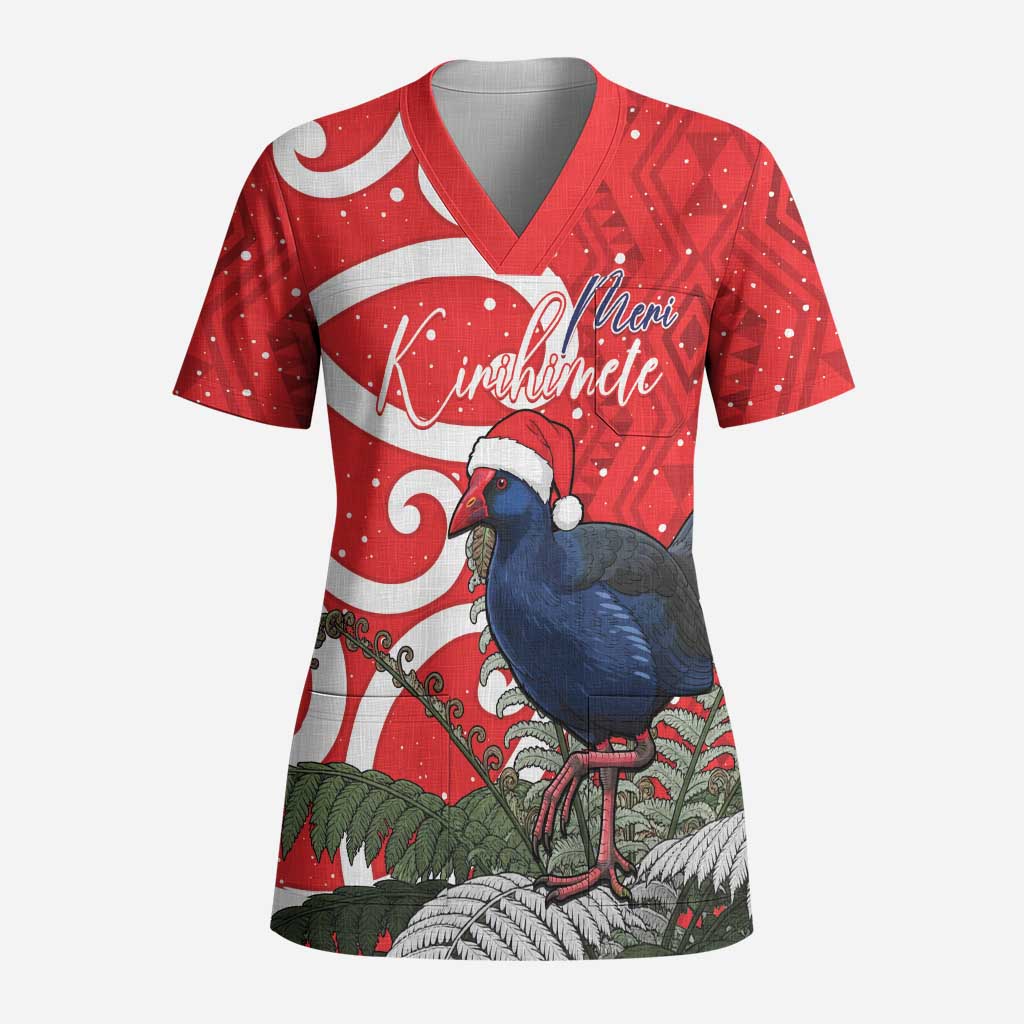 Personalized New Zealand Pukeko Christmas Scrub Top Meri Kirihimete Taniko Ponga Koru Red - Aussie Hoodie