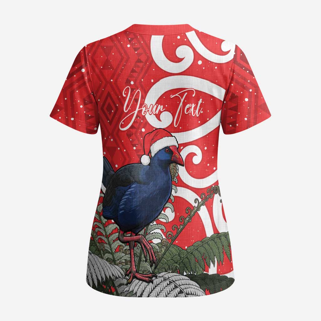 Personalized New Zealand Pukeko Christmas Scrub Top Meri Kirihimete Taniko Ponga Koru Red - Aussie Hoodie