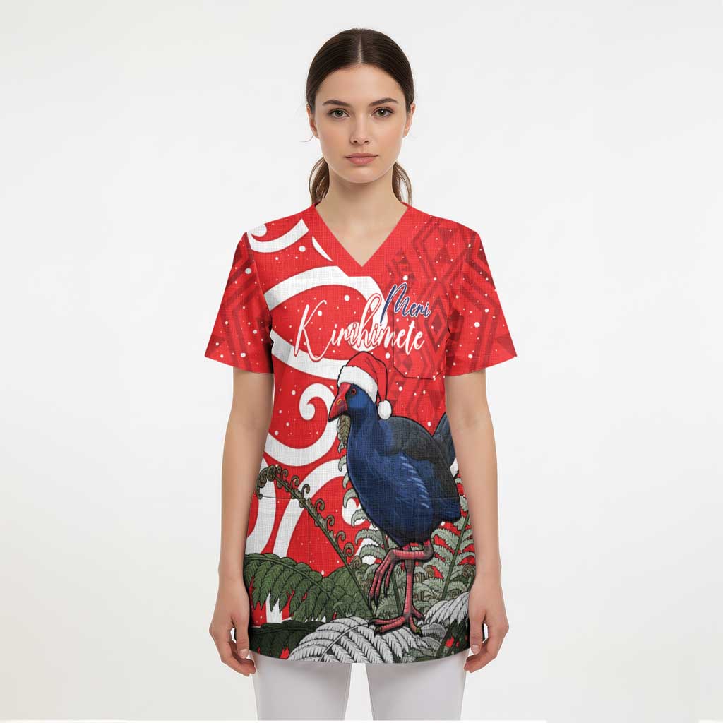 Personalized New Zealand Pukeko Christmas Scrub Top Meri Kirihimete Taniko Ponga Koru Red - Aussie Hoodie