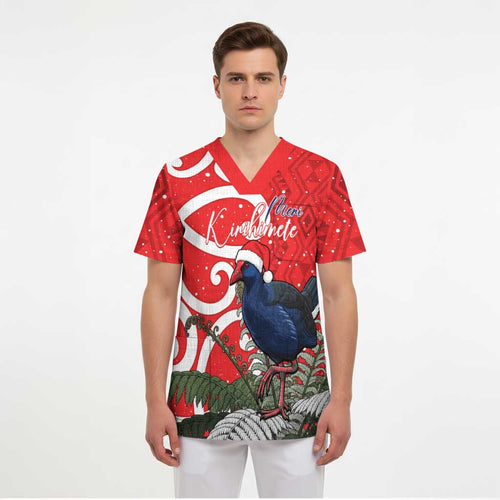 Personalized New Zealand Pukeko Christmas Scrub Top Meri Kirihimete Taniko Ponga Koru Red - Aussie Hoodie