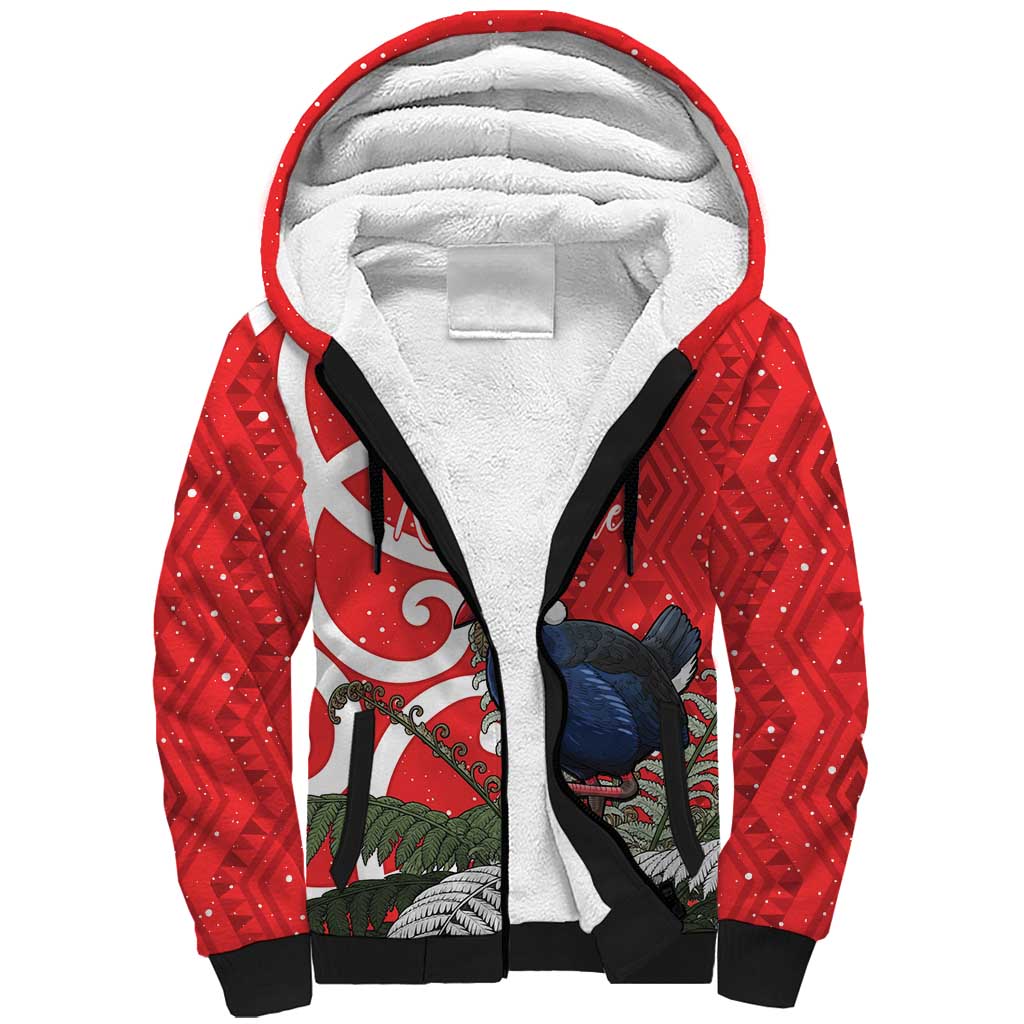 Personalized New Zealand Pukeko Christmas Sherpa Hoodie Meri Kirihimete Taniko Ponga Koru Red - Aussie Hoodie