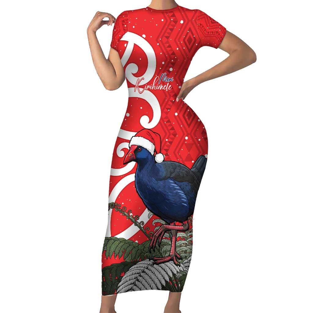 Personalized New Zealand Pukeko Christmas Short Sleeve Bodycon Dress Meri Kirihimete Taniko Ponga Koru Red - Aussie Hoodie
