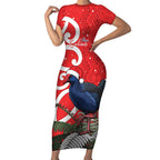 Personalized New Zealand Pukeko Christmas Short Sleeve Bodycon Dress Meri Kirihimete Taniko Ponga Koru Red - Aussie Hoodie