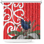 Personalized New Zealand Pukeko Christmas Shower Curtain Meri Kirihimete Taniko Ponga Koru Red - Aussie Hoodie