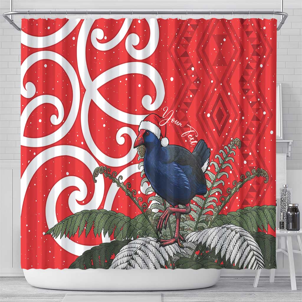 Personalized New Zealand Pukeko Christmas Shower Curtain Meri Kirihimete Taniko Ponga Koru Red - Aussie Hoodie