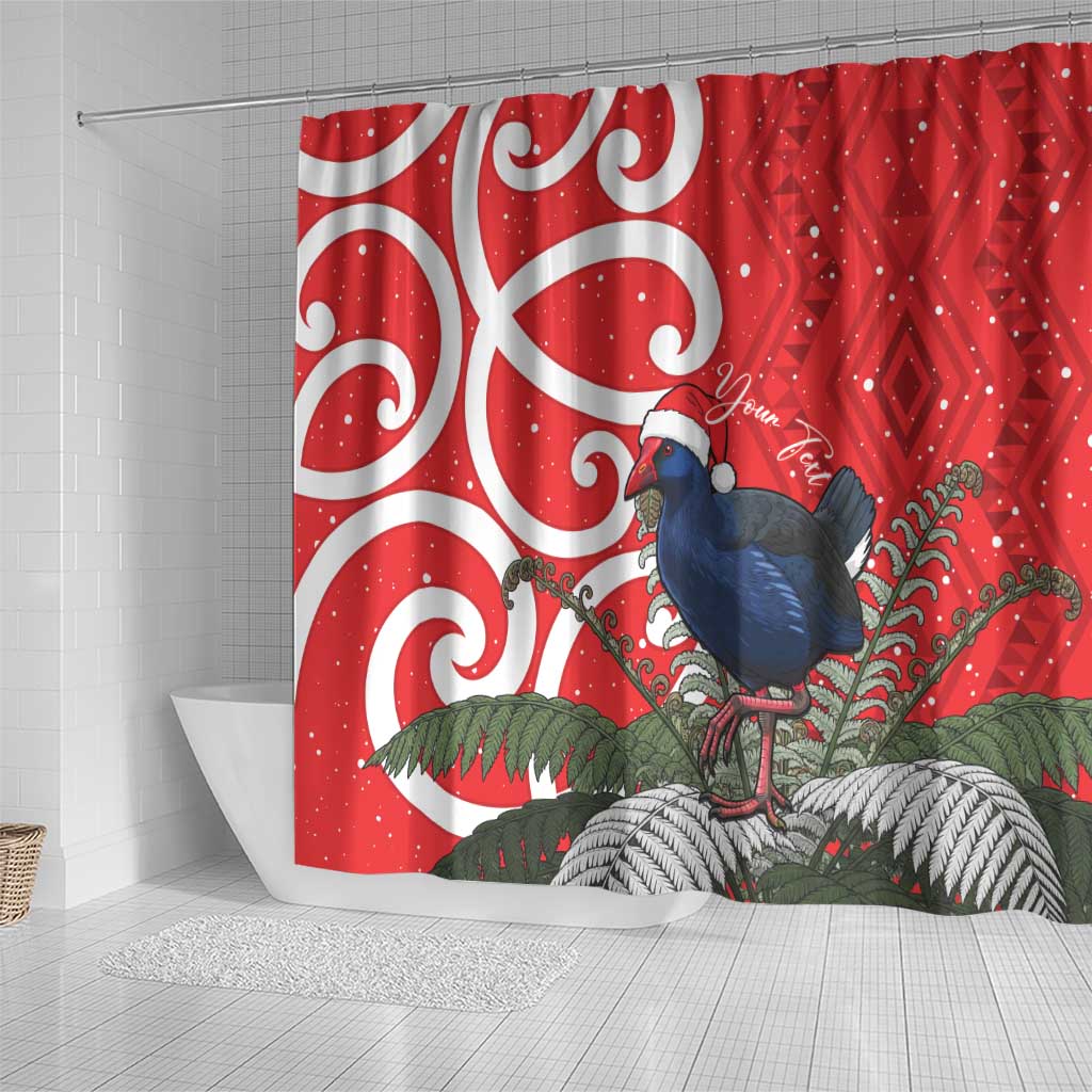 Personalized New Zealand Pukeko Christmas Shower Curtain Meri Kirihimete Taniko Ponga Koru Red - Aussie Hoodie