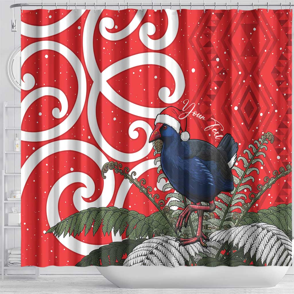 Personalized New Zealand Pukeko Christmas Shower Curtain Meri Kirihimete Taniko Ponga Koru Red - Aussie Hoodie