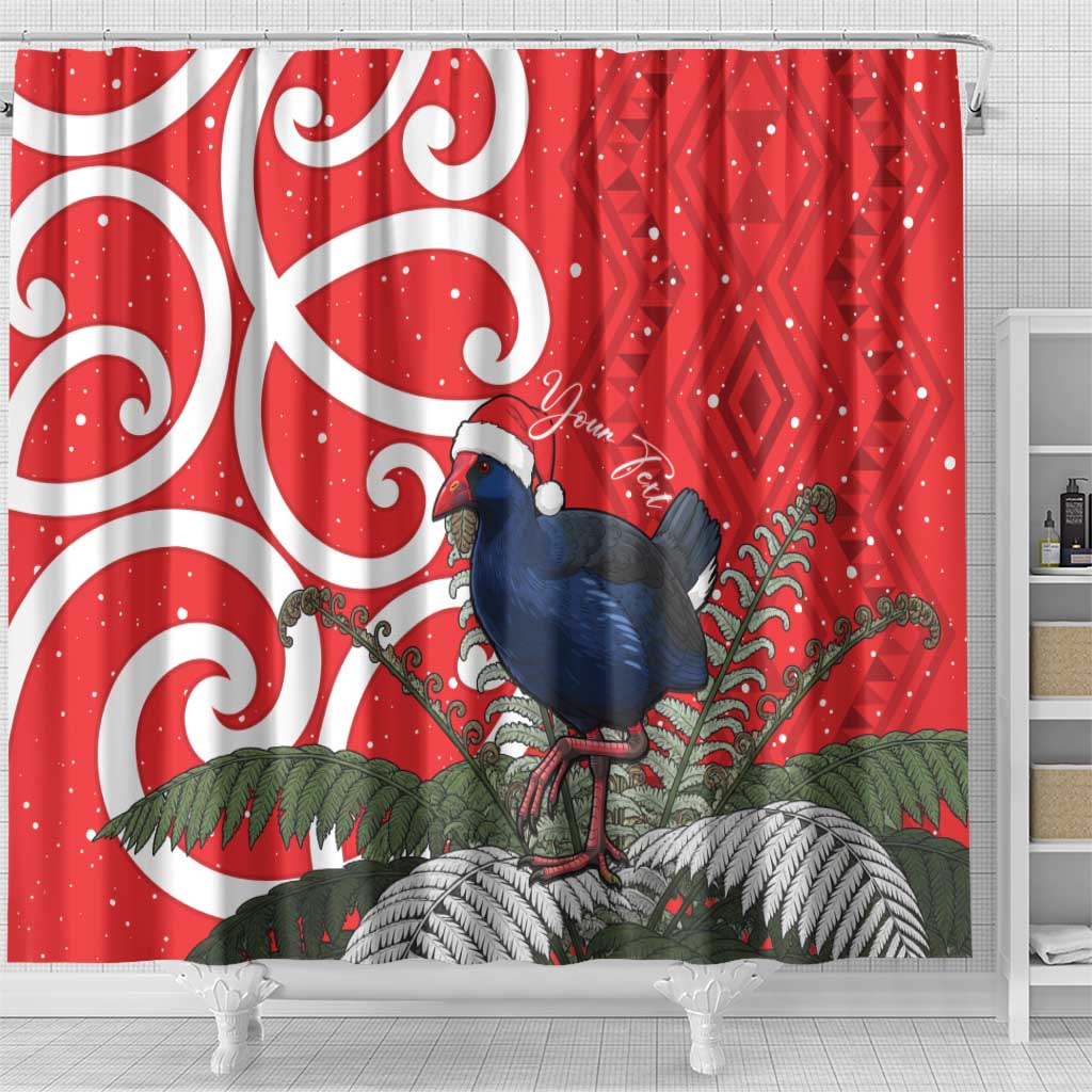 Personalized New Zealand Pukeko Christmas Shower Curtain Meri Kirihimete Taniko Ponga Koru Red - Aussie Hoodie
