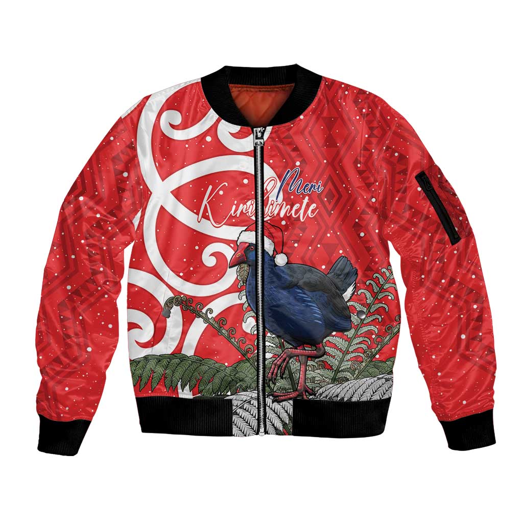 Personalized New Zealand Pukeko Christmas Sleeve Zip Bomber Jacket Meri Kirihimete Taniko Ponga Koru Red - Aussie Hoodie