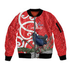 Personalized New Zealand Pukeko Christmas Sleeve Zip Bomber Jacket Meri Kirihimete Taniko Ponga Koru Red - Aussie Hoodie