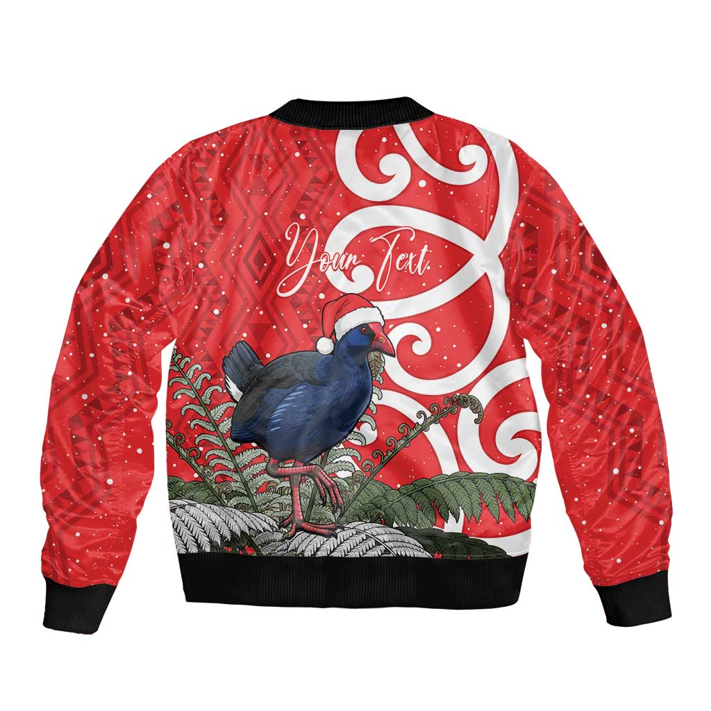 Personalized New Zealand Pukeko Christmas Sleeve Zip Bomber Jacket Meri Kirihimete Taniko Ponga Koru Red - Aussie Hoodie