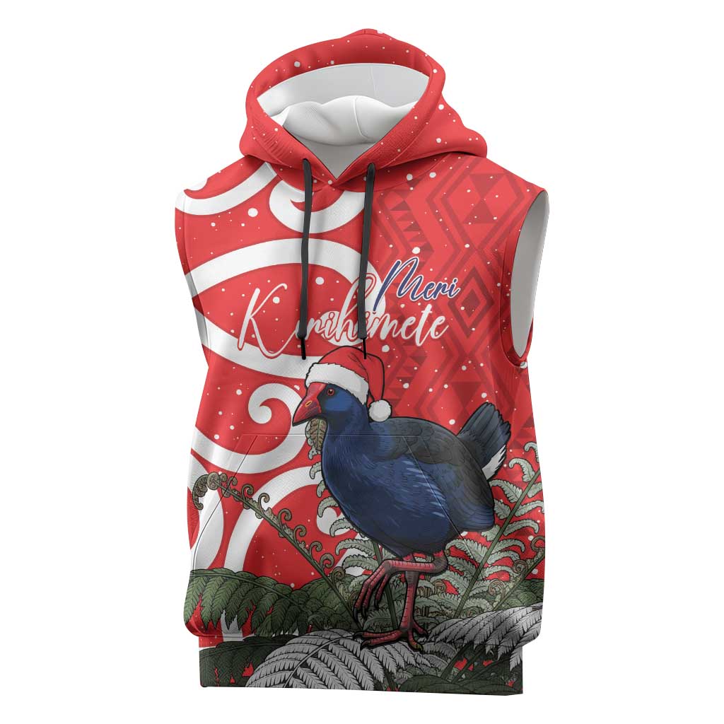 Personalized New Zealand Pukeko Christmas Sleeveless Hoodie Meri Kirihimete Taniko Ponga Koru Red - Aussie Hoodie