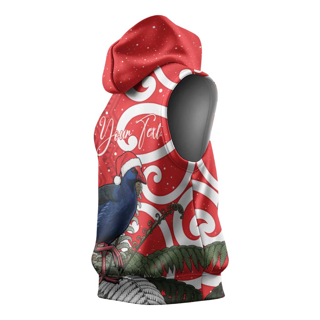 Personalized New Zealand Pukeko Christmas Sleeveless Hoodie Meri Kirihimete Taniko Ponga Koru Red - Aussie Hoodie