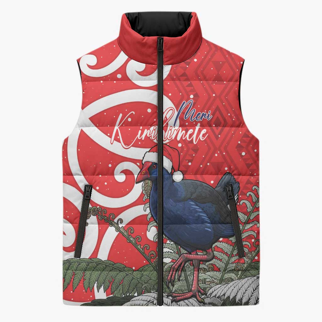 Personalized New Zealand Pukeko Christmas Sleeveless Puffer Jacket Meri Kirihimete Taniko Ponga Koru Red - Aussie Hoodie