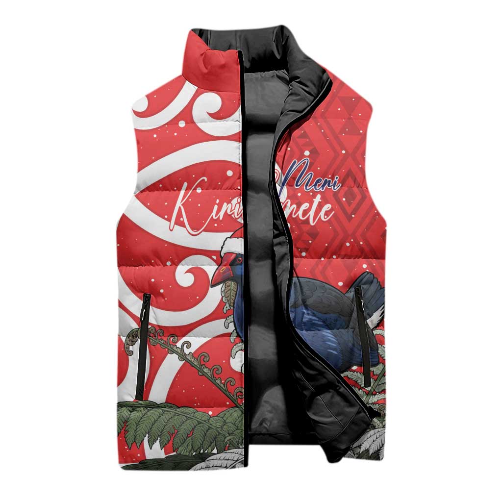 Personalized New Zealand Pukeko Christmas Sleeveless Puffer Jacket Meri Kirihimete Taniko Ponga Koru Red - Aussie Hoodie