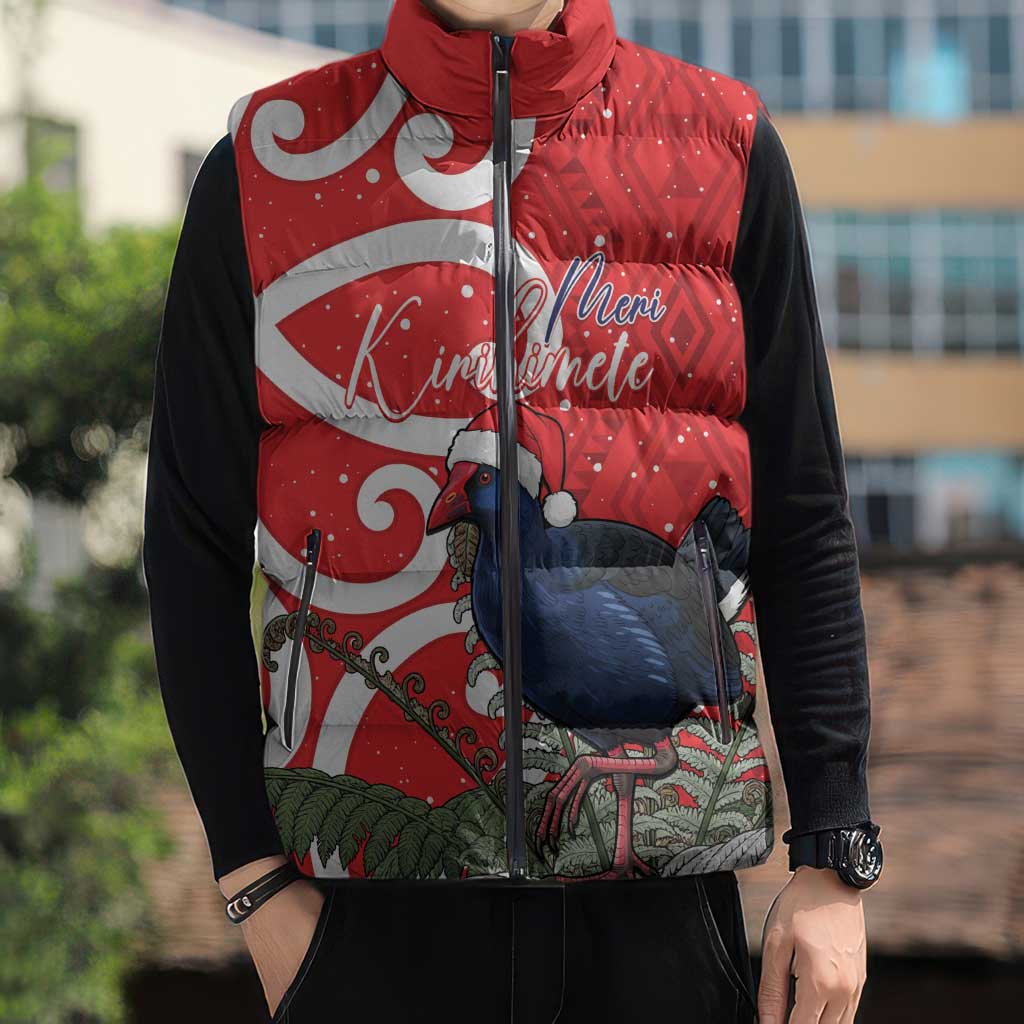Personalized New Zealand Pukeko Christmas Sleeveless Puffer Jacket Meri Kirihimete Taniko Ponga Koru Red - Aussie Hoodie