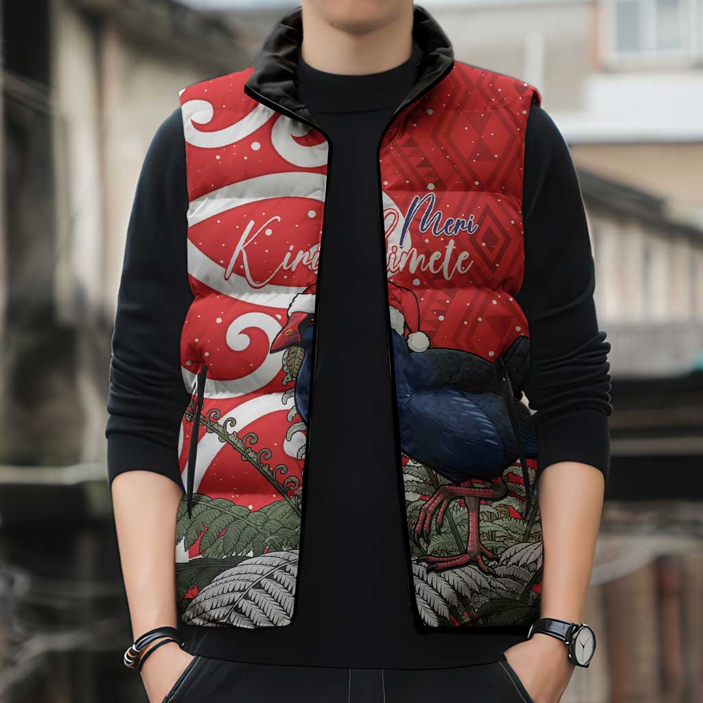 Personalized New Zealand Pukeko Christmas Sleeveless Puffer Jacket Meri Kirihimete Taniko Ponga Koru Red - Aussie Hoodie