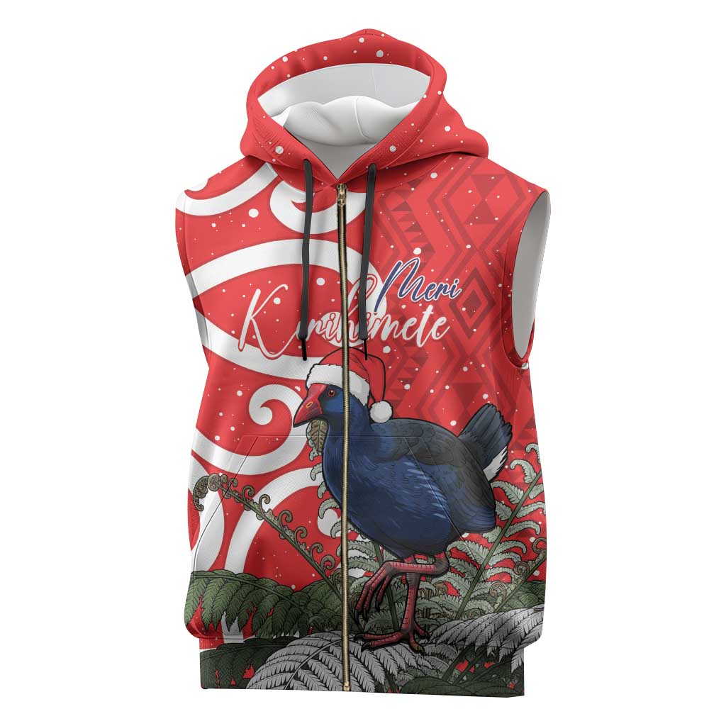 Personalized New Zealand Pukeko Christmas Sleeveless Zip Hoodie Meri Kirihimete Taniko Ponga Koru Red - Aussie Hoodie